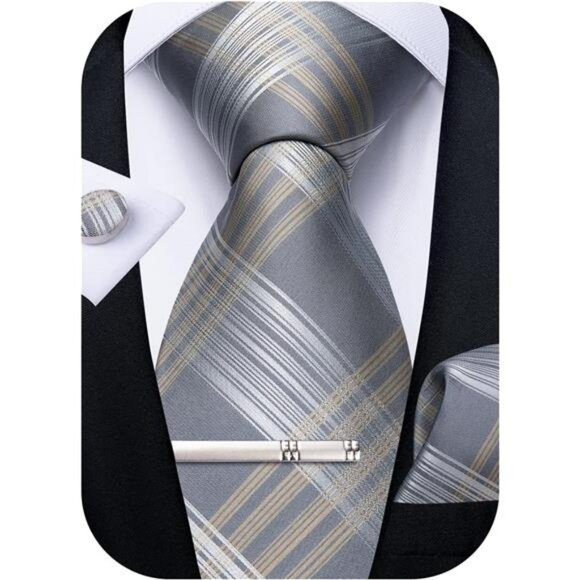 Mens Silk Plaid Tie Set Pocket Square Cufflinks Clip Wedding Business Gift - Picture 1 of 7